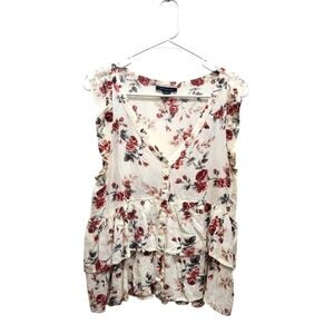 American Eagle Cream Red Floral Tiered Ruffle Sleeveless Blouse VNeck Size S